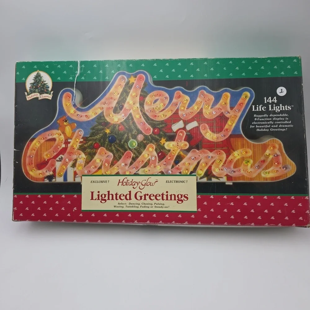 Vintage 1992 Holiday Glow Merry Christmas Lighted Sign 144 Lights 8 functions